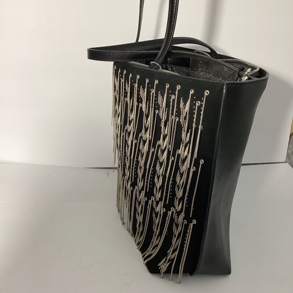 NWT CROMIA WOMAN'S LARGE LEATHER SUEDE TOTE BLACK  BAG FRINGE CHAINS AT FRONT - Picture 2 of 16